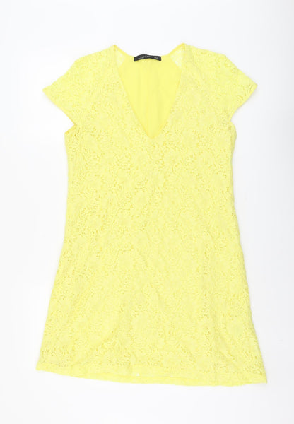 Zara Womens Yellow Geometric Polyamide A-Line Size M V-Neck Pullover
