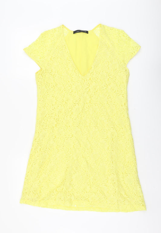 Zara Womens Yellow Geometric Polyamide A-Line Size M V-Neck Pullover