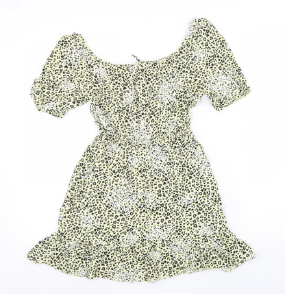 Miss Selfridge Womens Yellow Animal Print Viscose Fit & Flare Size 6 Round Neck Drawstring - Leopard Pattern