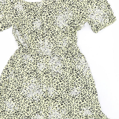 Miss Selfridge Womens Yellow Animal Print Viscose Fit & Flare Size 6 Round Neck Drawstring - Leopard Pattern