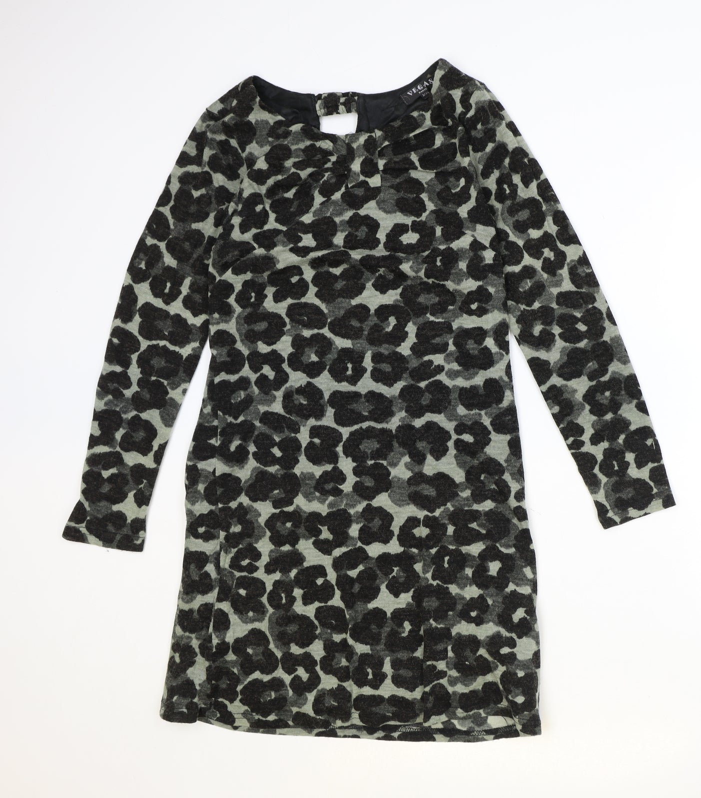 Vegas Womens Black Animal Print Acrylic A-Line Size S Round Neck Pullover - Leopard Pattern Size S/M