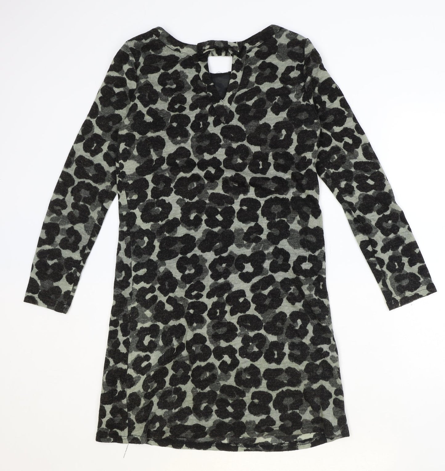 Vegas Womens Black Animal Print Acrylic A-Line Size S Round Neck Pullover - Leopard Pattern Size S/M