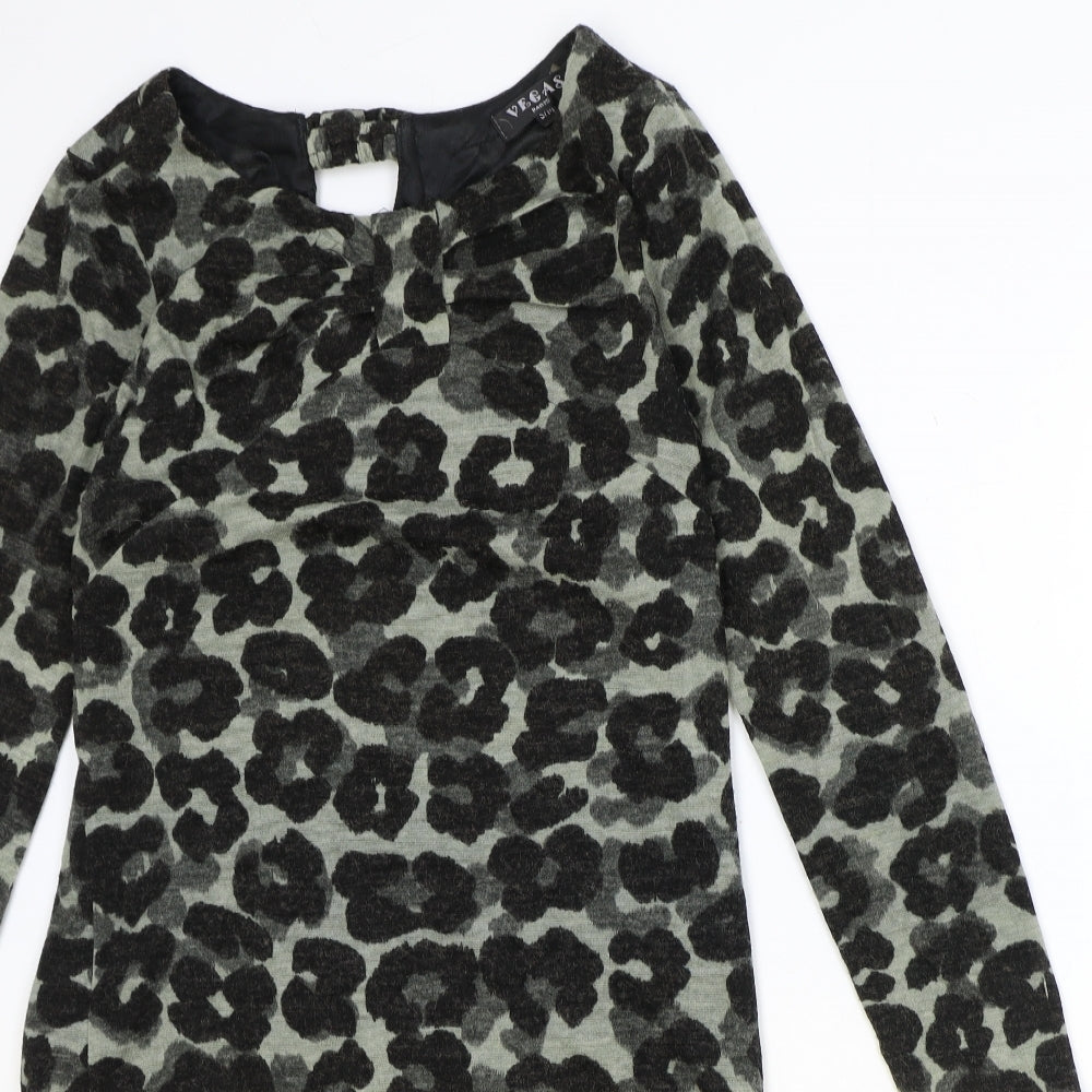 Vegas Womens Black Animal Print Acrylic A-Line Size S Round Neck Pullover - Leopard Pattern Size S/M