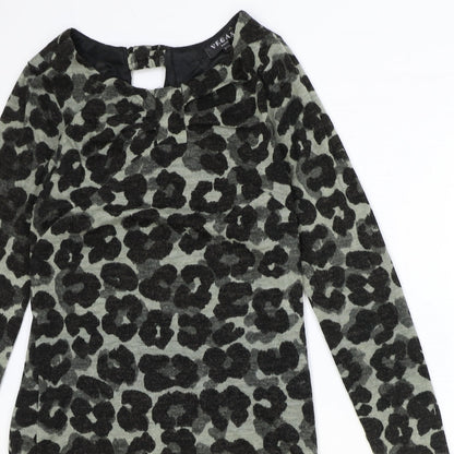 Vegas Womens Black Animal Print Acrylic A-Line Size S Round Neck Pullover - Leopard Pattern Size S/M