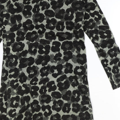 Vegas Womens Black Animal Print Acrylic A-Line Size S Round Neck Pullover - Leopard Pattern Size S/M