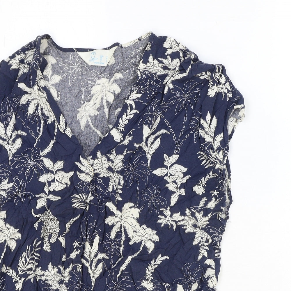 Primark Womens Blue Geometric Viscose Basic Blouse Size 12 V-Neck