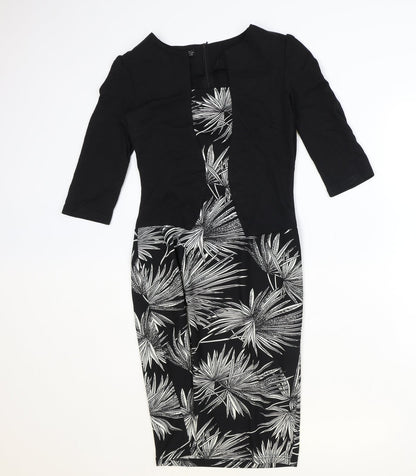 Homeeye Womens Black Floral Polyester A-Line Size 10 Square Neck Zip