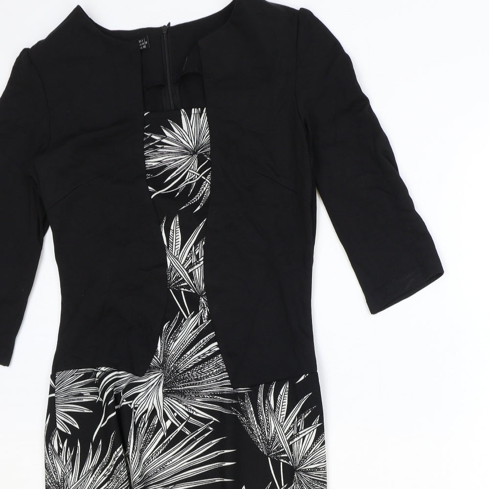 Homeeye Womens Black Floral Polyester A-Line Size 10 Square Neck Zip