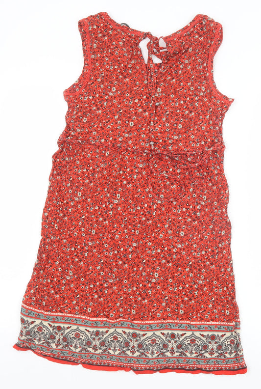 George Womens Red Floral Viscose A-Line Size 8 Round Neck Tie