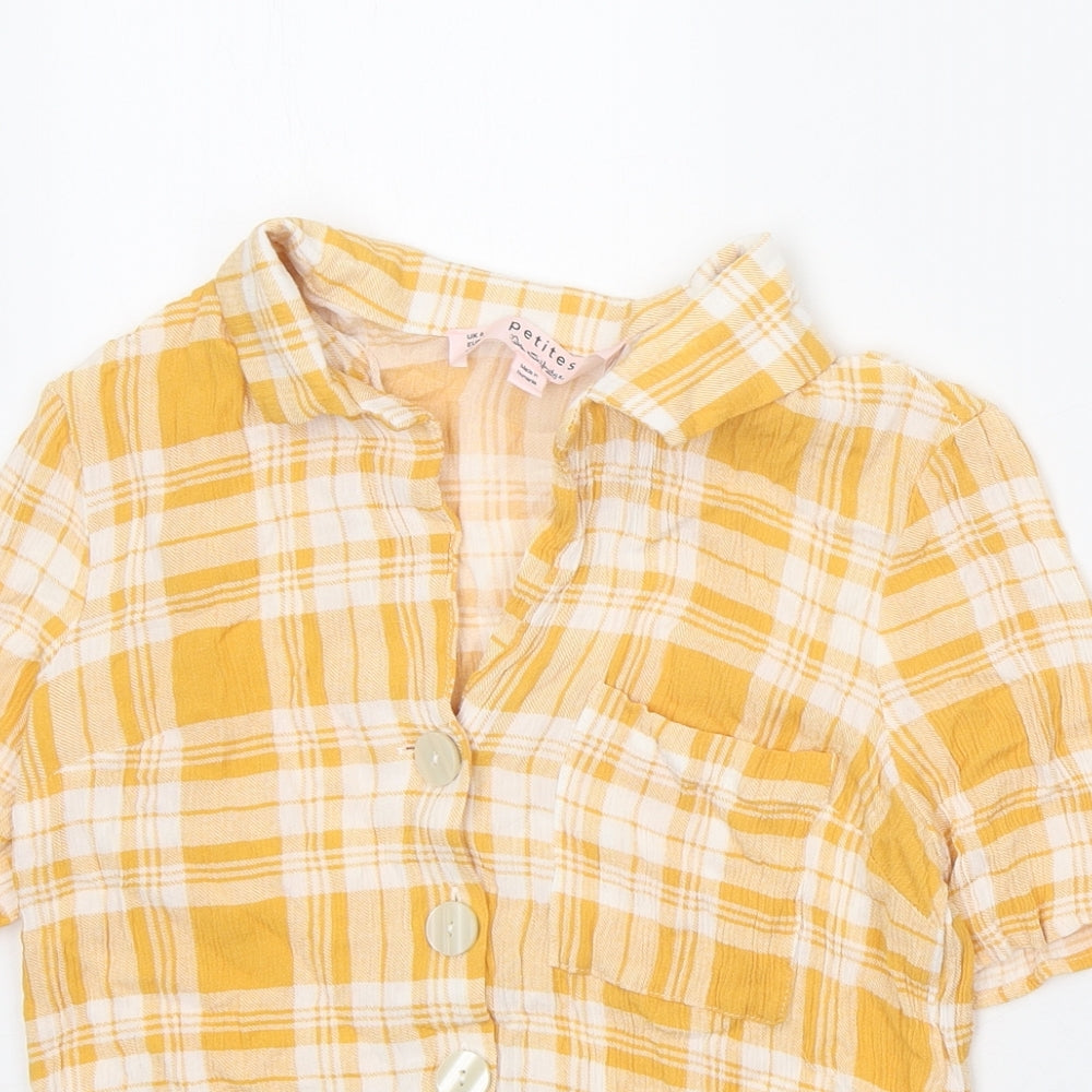 Miss Selfridge Womens Yellow Plaid Viscose Cropped Button-Up Size 6 Collared