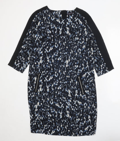 Marks and Spencer Womens Black Geometric Polyester A-Line Size 10 Round Neck Zip