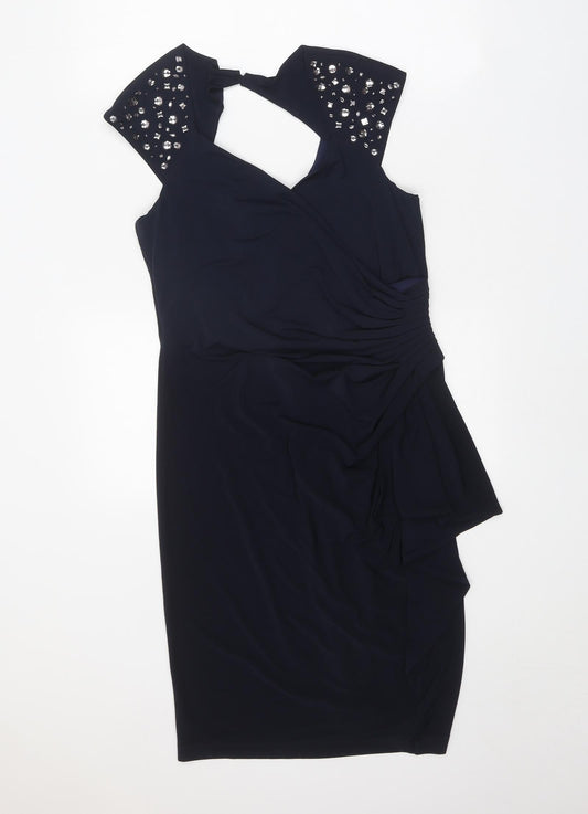 M&Co Womens Blue Polyester A-Line Size 12 V-Neck Zip