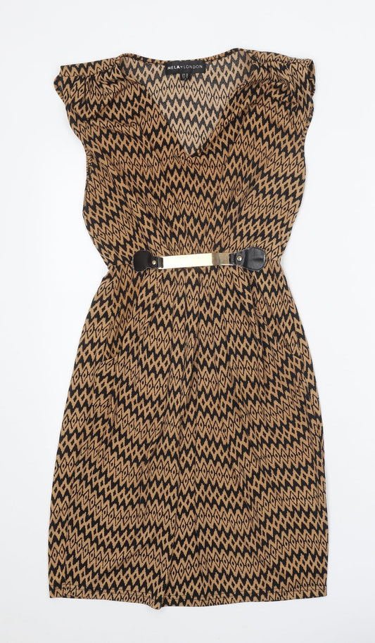 Mela London Womens Brown Geometric Polyester A-Line Size 10 V-Neck Pullover