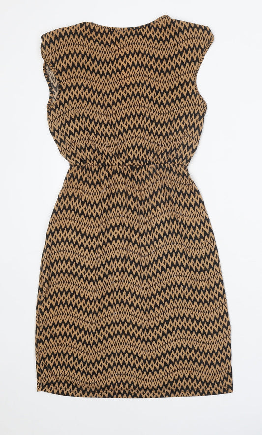 Mela London Womens Brown Geometric Polyester A-Line Size 10 V-Neck Pullover