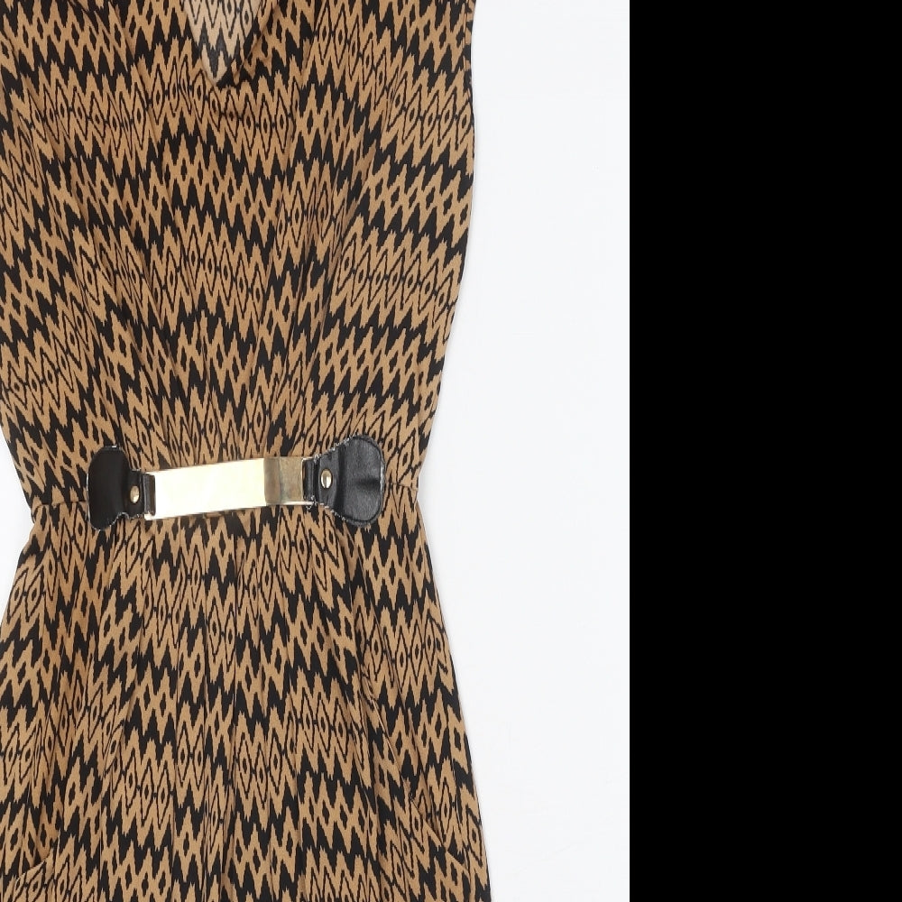 Mela London Womens Brown Geometric Polyester A-Line Size 10 V-Neck Pullover