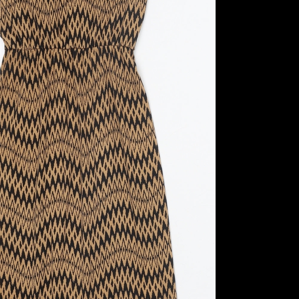 Mela London Womens Brown Geometric Polyester A-Line Size 10 V-Neck Pullover