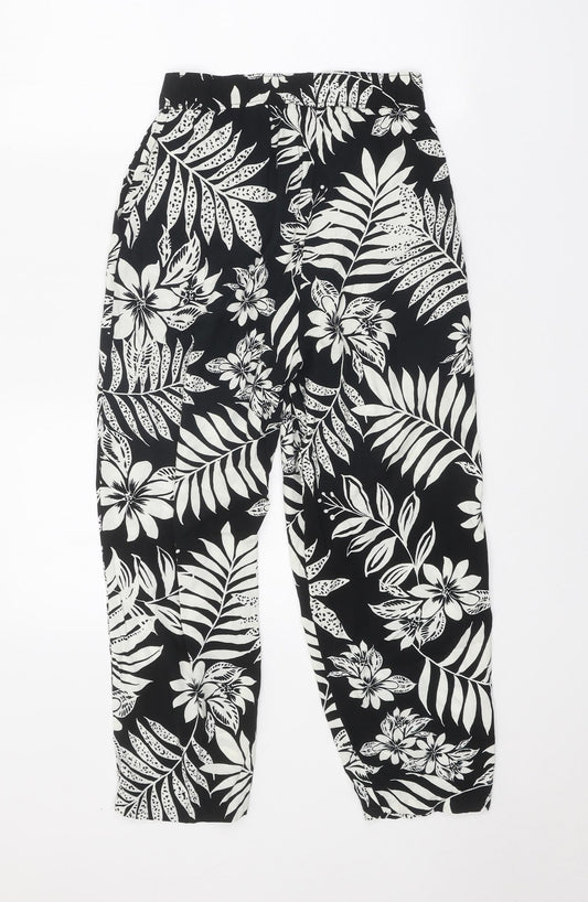 F&F Womens Black Floral Viscose Trousers Size 6 Regular Tie