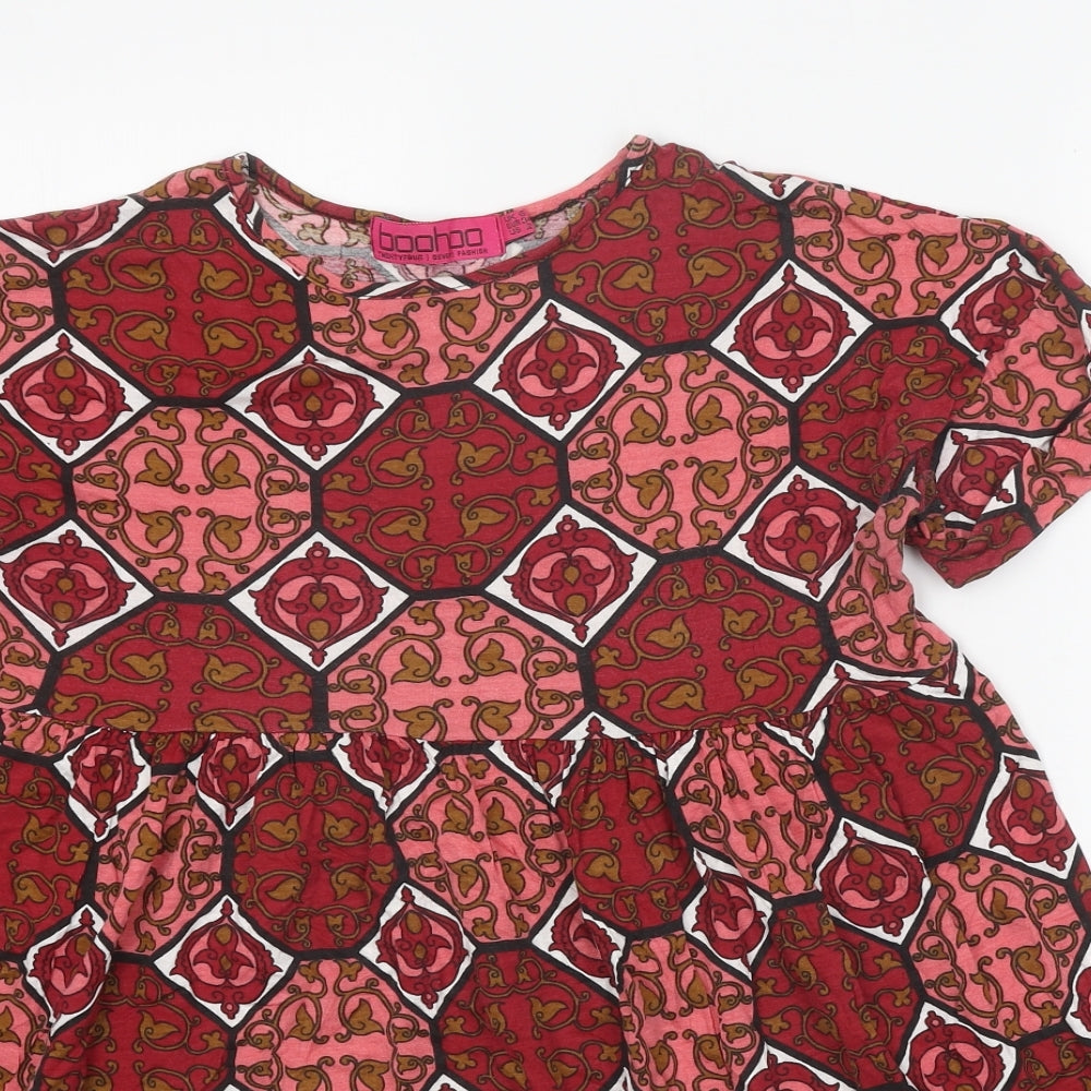 Boohoo Womens Red Geometric Viscose Fit & Flare Size 6 Round Neck Pullover