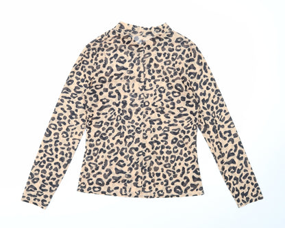 Preworn Womens Beige Animal Print Polyester Basic Blouse Size M Mock Neck - Leopard Print
