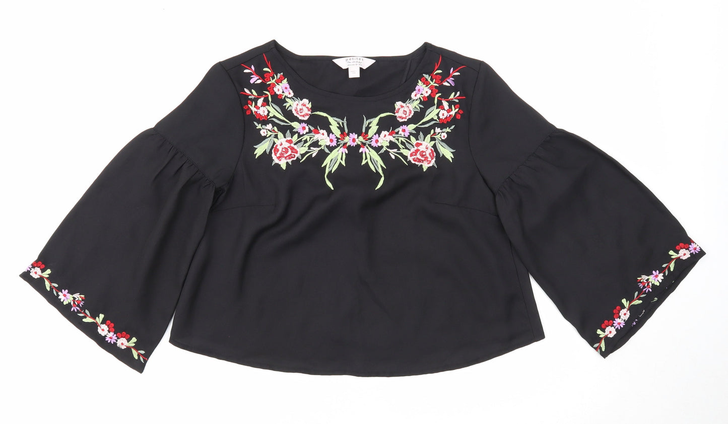 Miss Selfridge Womens Black Floral Polyester Cropped Blouse Size 4 Scoop Neck