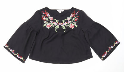 Miss Selfridge Womens Black Floral Polyester Cropped Blouse Size 4 Scoop Neck