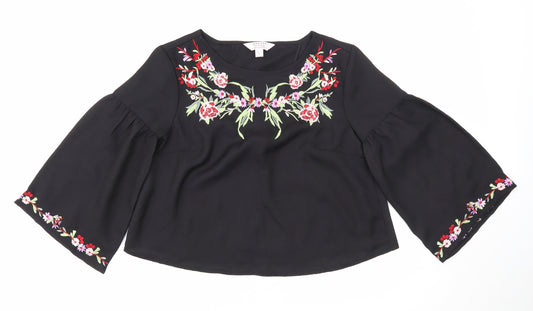 Miss Selfridge Womens Black Floral Polyester Cropped Blouse Size 4 Scoop Neck