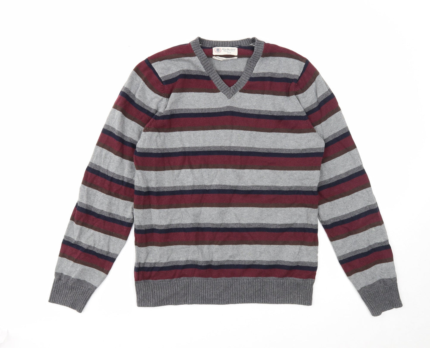Marks and Spencer Mens Multicoloured V-Neck Striped Cotton Pullover Jumper Size S Long Sleeve