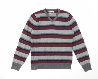 Marks and Spencer Mens Multicoloured V-Neck Striped Cotton Pullover Jumper Size S Long Sleeve