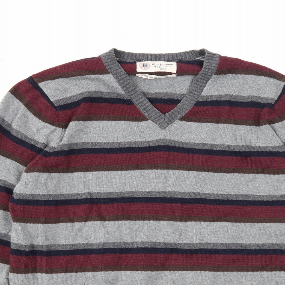 Marks and Spencer Mens Multicoloured V-Neck Striped Cotton Pullover Jumper Size S Long Sleeve