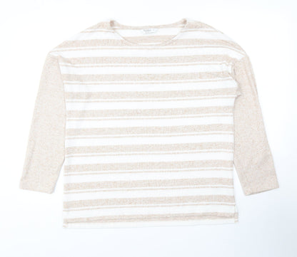 Nutmeg Womens Beige Striped Polyester Basic Blouse Size 12 Scoop Neck