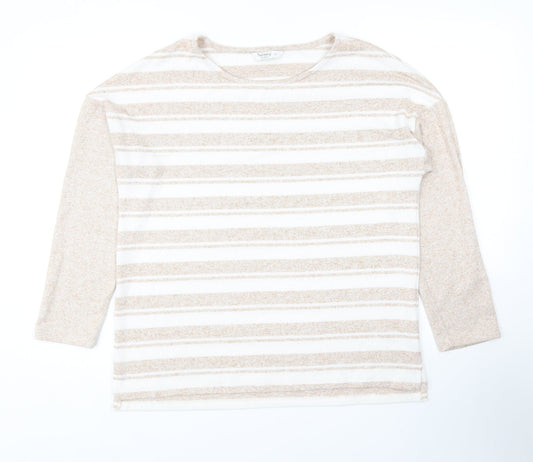 Nutmeg Womens Beige Striped Polyester Basic Blouse Size 12 Scoop Neck
