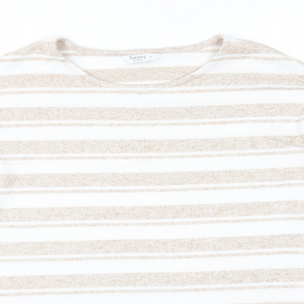 Nutmeg Womens Beige Striped Polyester Basic Blouse Size 12 Scoop Neck