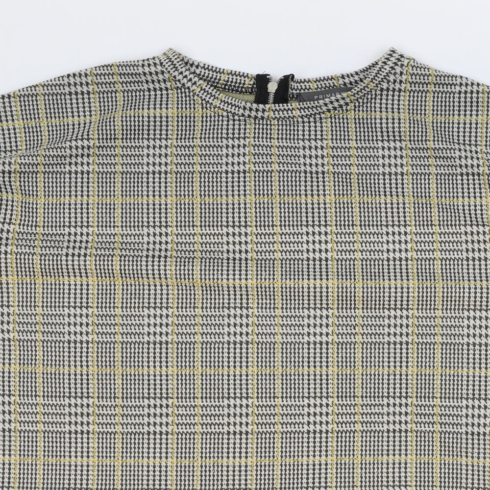 Primark Womens Yellow Plaid Polyester Basic Blouse Size S Round Neck