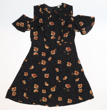 Pins & Needles Womens Black Floral Polyester Fit & Flare Size M Round Neck Zip - Cold Shoulder