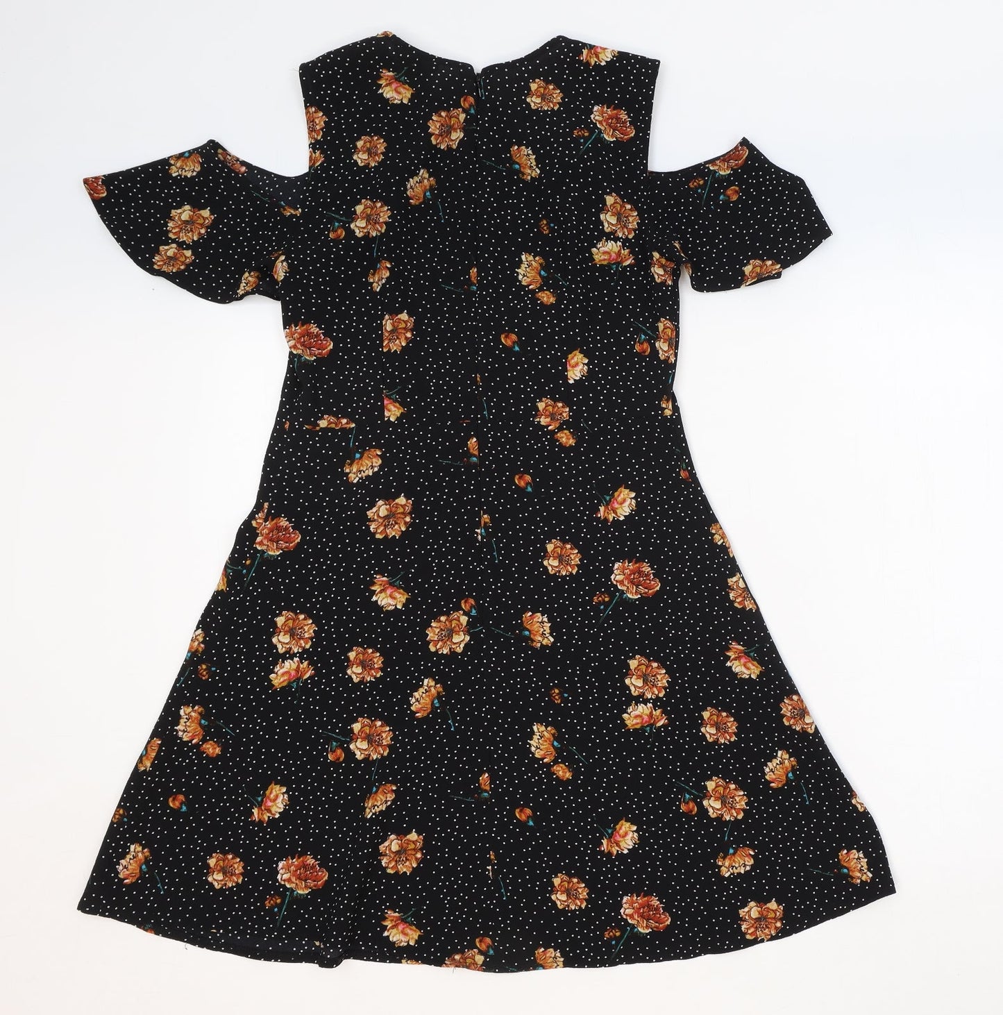 Pins & Needles Womens Black Floral Polyester Fit & Flare Size M Round Neck Zip - Cold Shoulder