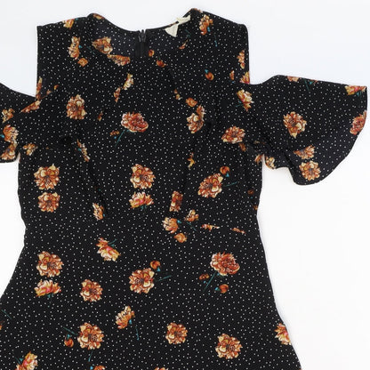 Pins & Needles Womens Black Floral Polyester Fit & Flare Size M Round Neck Zip - Cold Shoulder