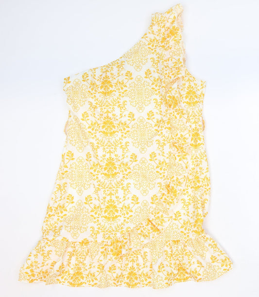 SheIn Womens Yellow Floral Polyester Trapeze & Swing Size XL One Shoulder Zip