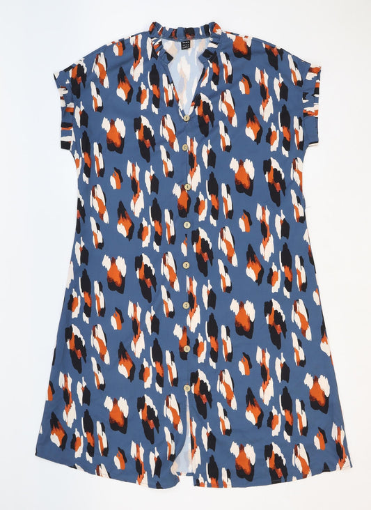 SheIn Womens Blue Geometric Polyester A-Line Size S V-Neck Button