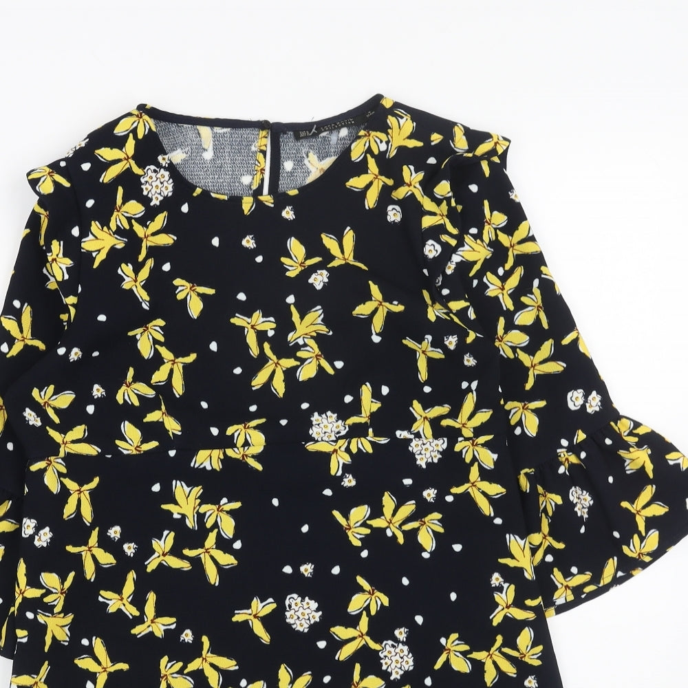 Zara Womens Blue Floral Polyester A-Line Size S Round Neck Pullover