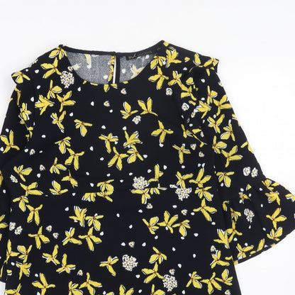 Zara Womens Blue Floral Polyester A-Line Size S Round Neck Pullover