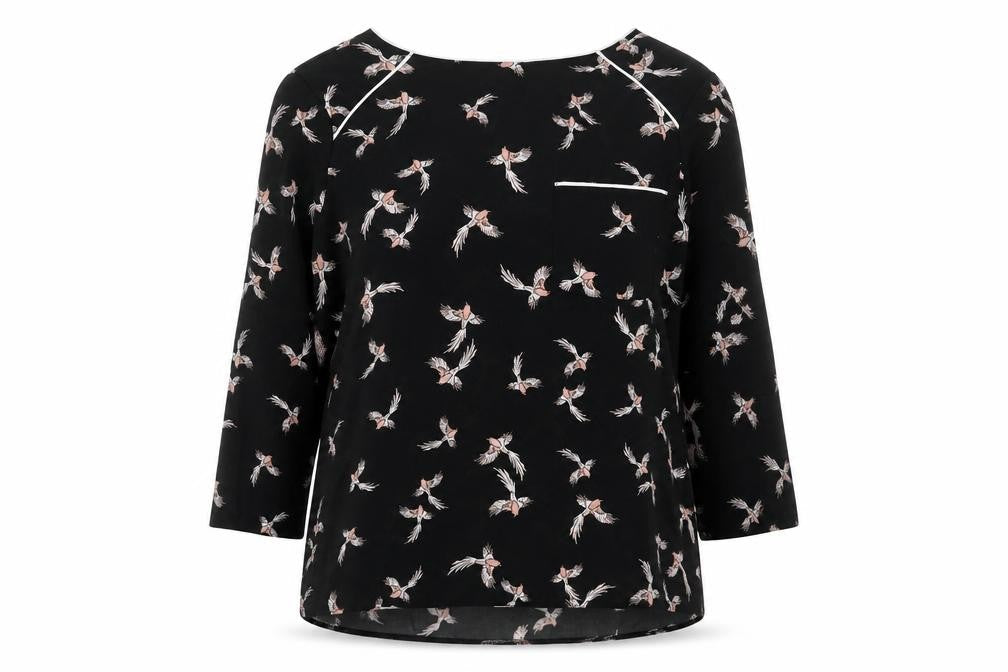 Primark Womens Black Geometric Polyester Basic Blouse Size 12 Boat Neck - Bird Print