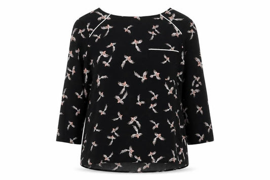 Primark Womens Black Geometric Polyester Basic Blouse Size 12 Boat Neck - Bird Print