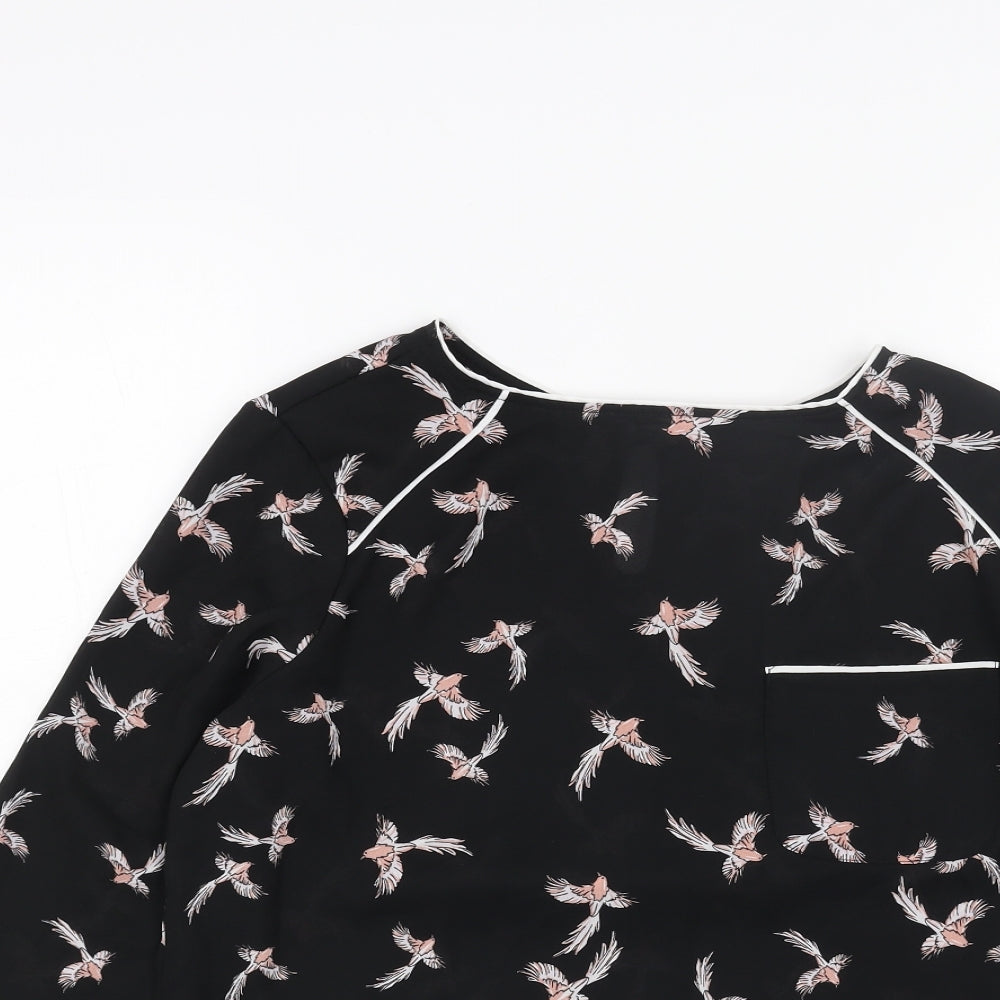 Primark Womens Black Geometric Polyester Basic Blouse Size 12 Boat Neck - Bird Print