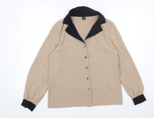 SheIn Womens Beige Polyester Basic Button-Up Size S Collared