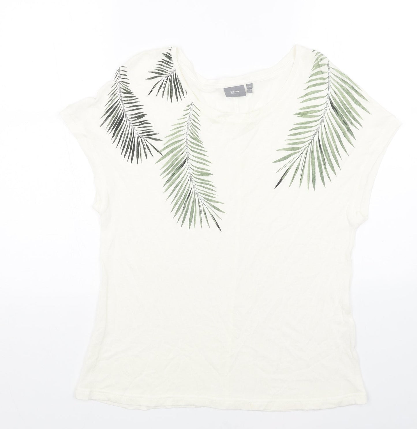 b.young Womens White Cotton Basic T-Shirt Size M Scoop Neck - Leaf Print