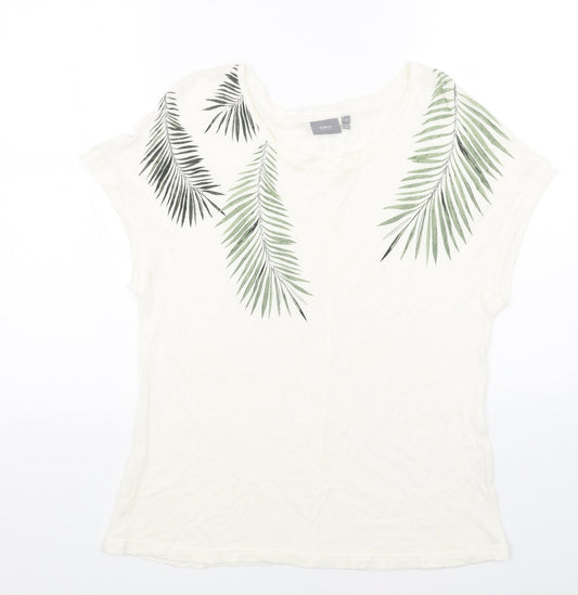 b.young Womens White Cotton Basic T-Shirt Size M Scoop Neck - Leaf Print