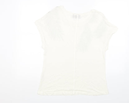 b.young Womens White Cotton Basic T-Shirt Size M Scoop Neck - Leaf Print