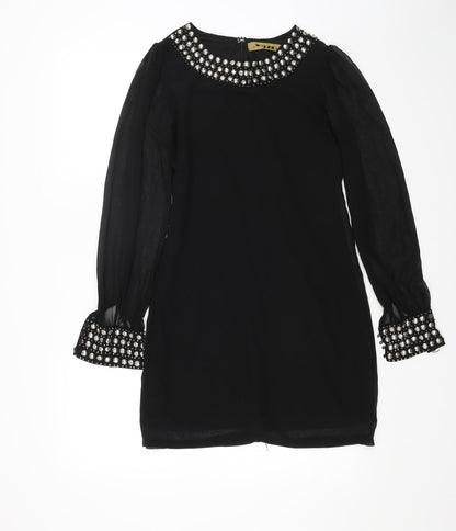Preworn Womens Black Polyester A-Line Size 8 Round Neck Zip