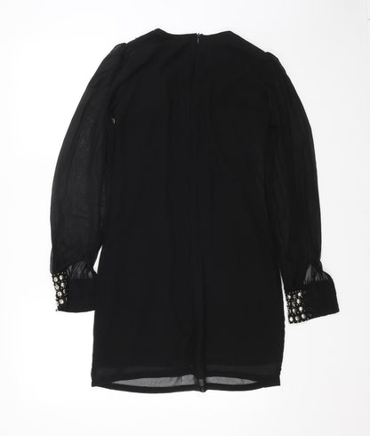 Preworn Womens Black Polyester A-Line Size 8 Round Neck Zip