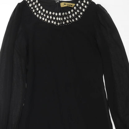 Preworn Womens Black Polyester A-Line Size 8 Round Neck Zip